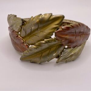Oversized Solid Metal Leaf Hinged Cuff Bracelet Botanical Statement